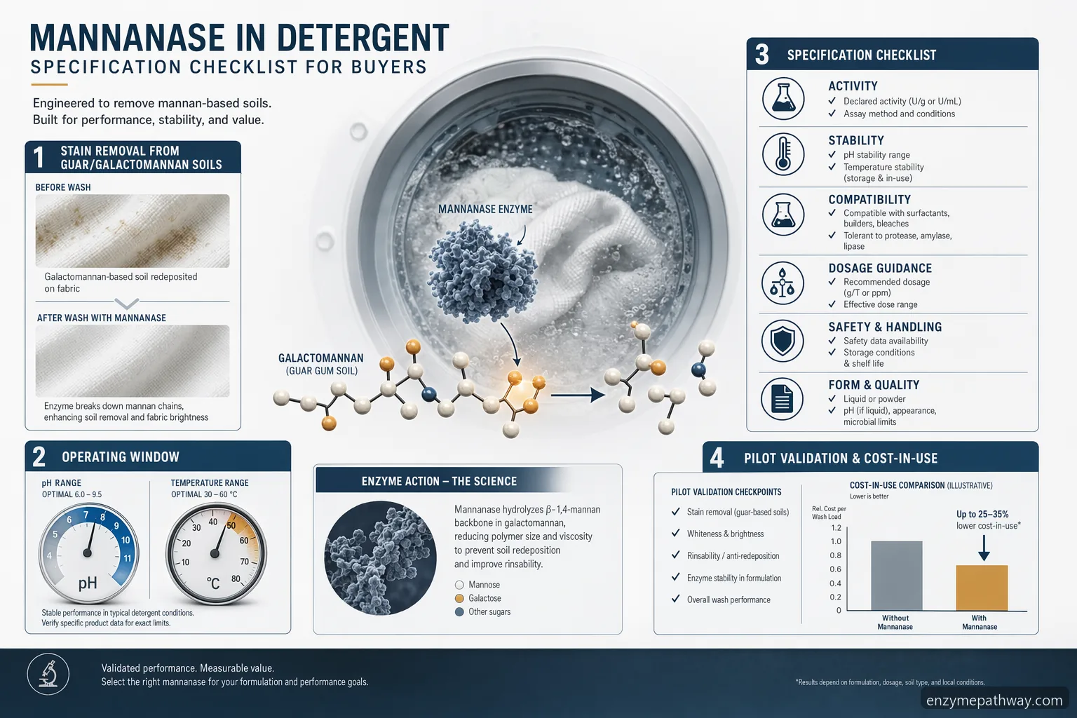 mannanase enzyme in detergent specification checklist with stain breakdown, wash conditions, dosing, and supplier metrics